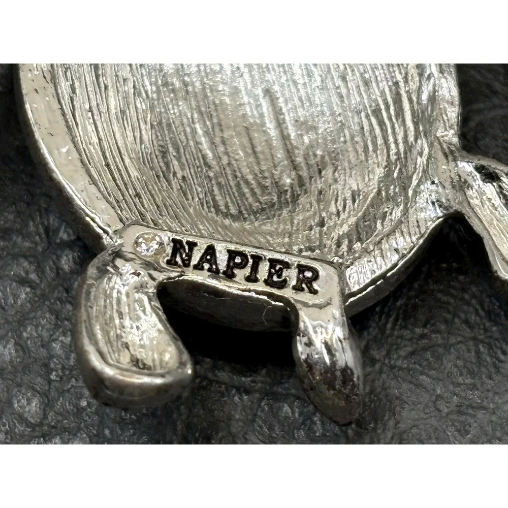 VTG Napier Mother Baby Sea Turtle Brooch Abalone Shell Rhinestone Silver Tone